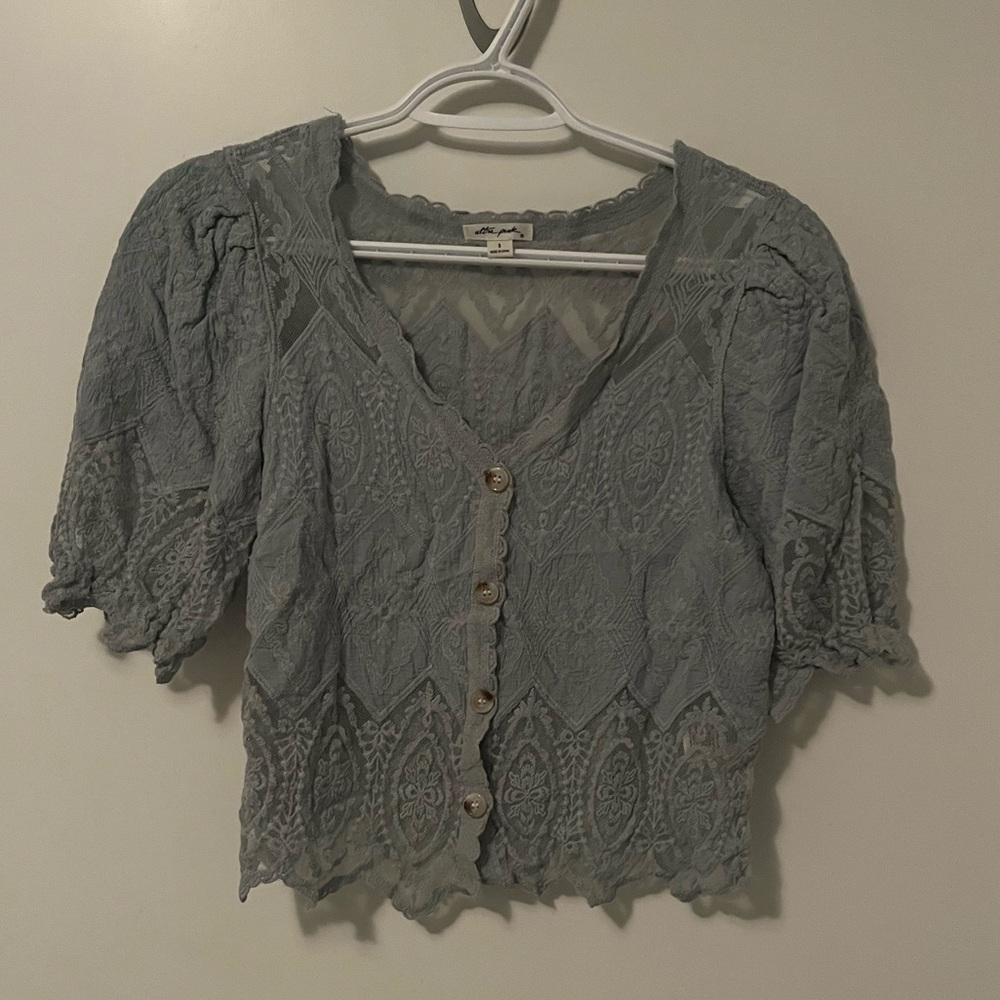 Ultra Pink Button-Up Lace Blouse in sage green gray